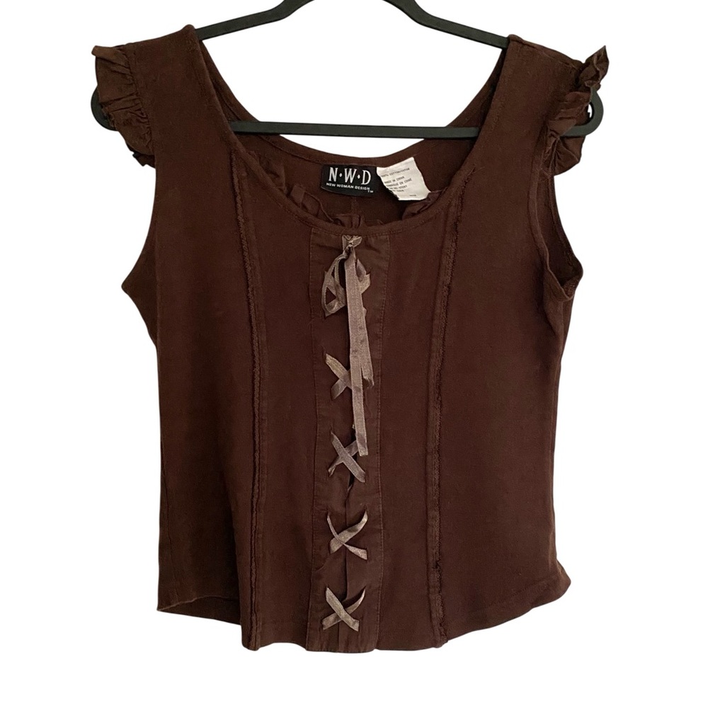 Vintage Y2K Lace Up Top Cotton Corset Style Renaissance Brown Tank Top M Womens - Picture 2 of 9